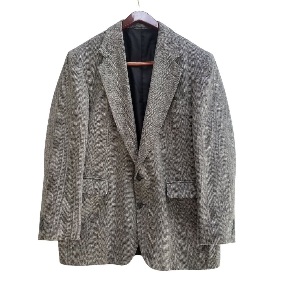 Haggar Mens Wool Silk Sport Tweed Coat 42L Gray Herringbone Blazer Suit Jacket